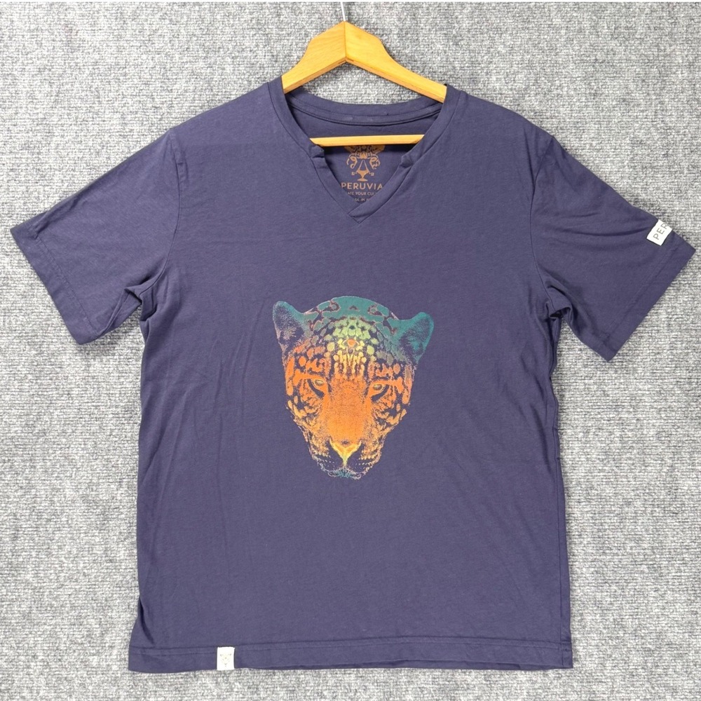 Peruvia Mens Medium Purple Organic Cotton Cat Graphic V Neck Short Sleeve Tee